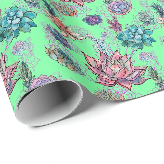 *~ Lime Green Pretty  Blue Green Succulent Pattern Wrapping Paper (Roll Corner)