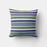 [ Thumbnail: Lime Green, Purple, Blue & Tan Colored Lines Throw Pillow ]