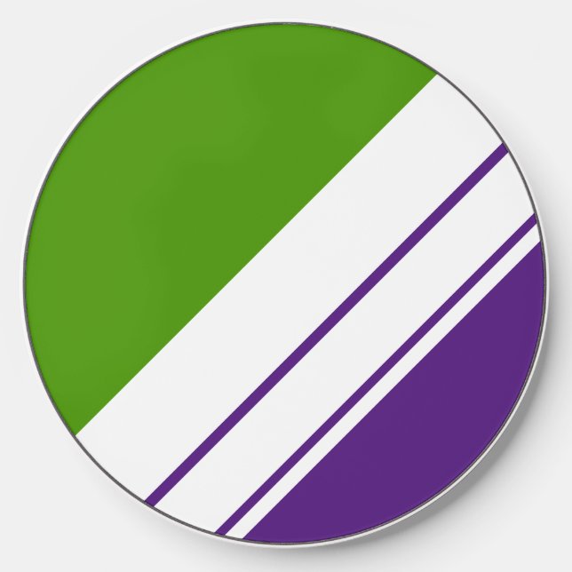  Lime Green Purple Diagonal White Racing Stripes Wireless Charger (Front)
