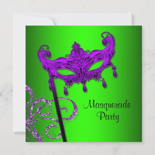 Lime Green Purple Masquerade Party Invitations