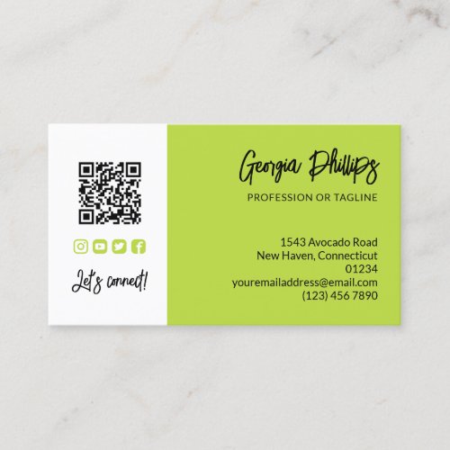 Lime Green QR Code Photo Social Media Icons Business Card