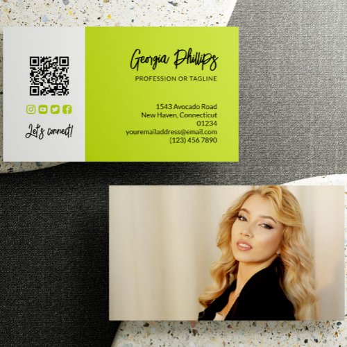 Lime Green QR Code Photo Social Media Icons Business Card