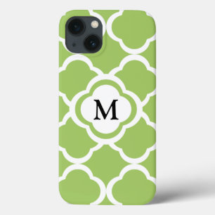 Lime Green Quatrefoil Customizable Monogram iPhone 13 Case