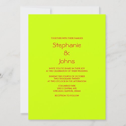 Lime Green Red Colorful Bright Minimalist Wedding Invitation