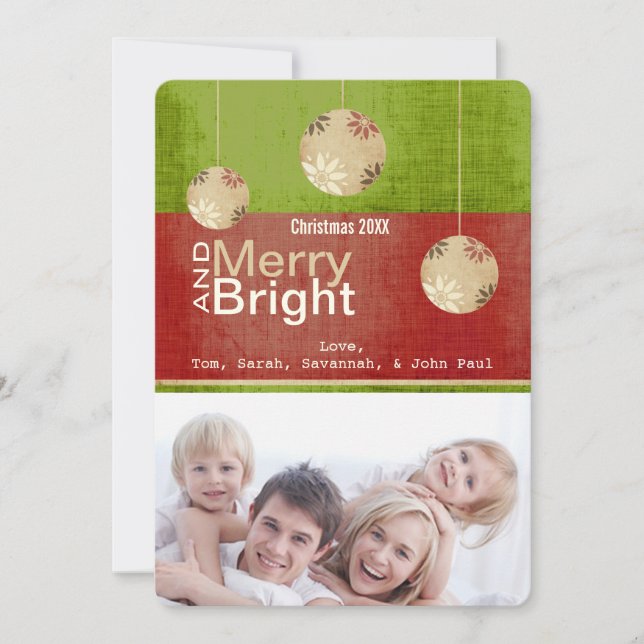 Lime Green Red Merry and Bright Family Photo Card (Front)