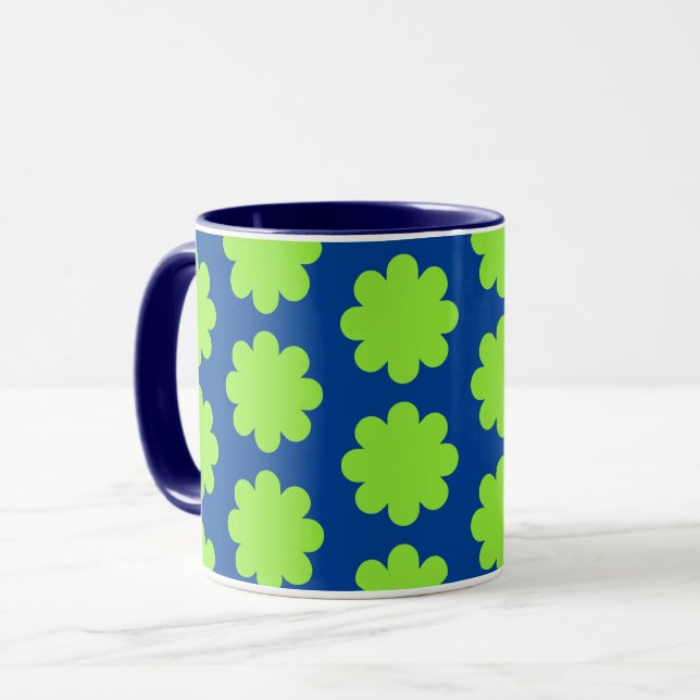 Lime Green Retro Flower Art on Blue Mug Cup (Front Left)