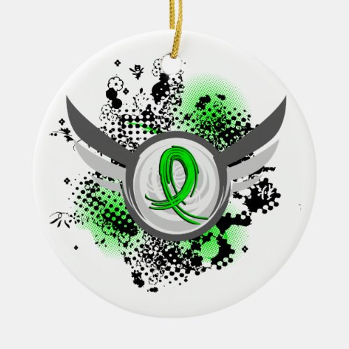 Lime Green Ribbon And Wings Lymphoma Ceramic Ornament