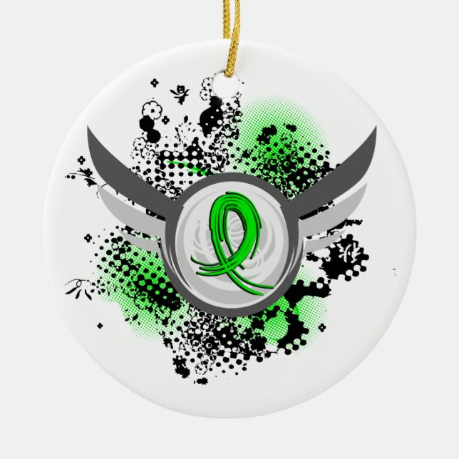 Lime Green Ribbon And Wings Lymphoma Ceramic Ornament (Front)