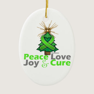 Lime Green Ribbon Christmas Peace Love, Joy & Cure Ceramic Ornament