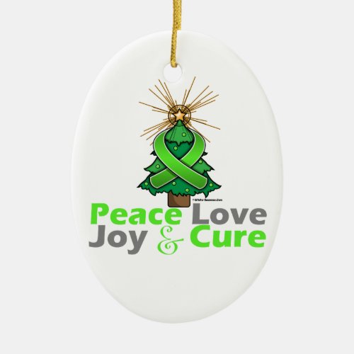 Lime Green Ribbon Christmas Peace Love Joy  Cure Ceramic Ornament