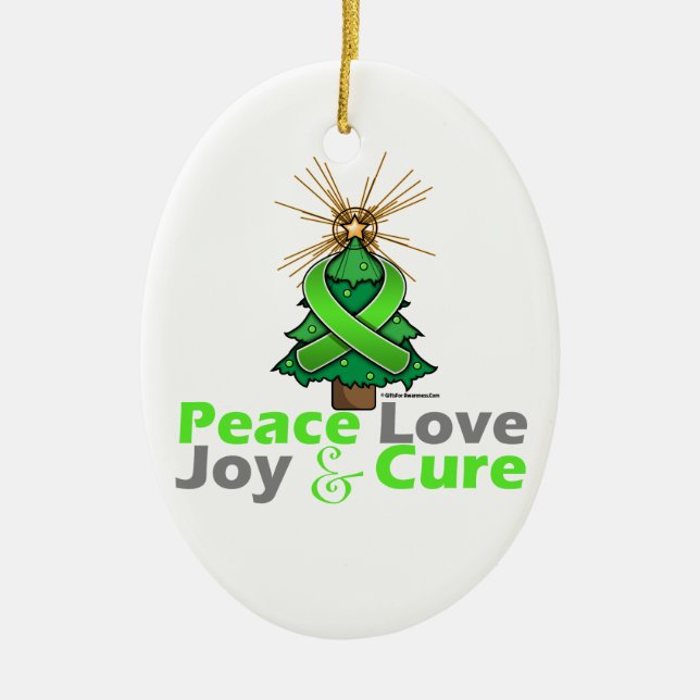 Lime Green Ribbon Christmas Peace Love, Joy & Cure Ceramic Ornament (Front)