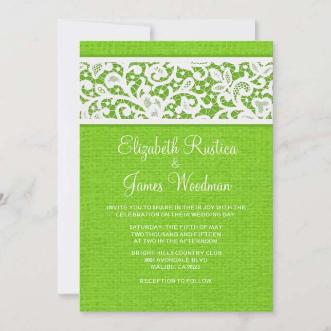 Lime Green Rustic Burlap Linen Wedding Invitations (Front)