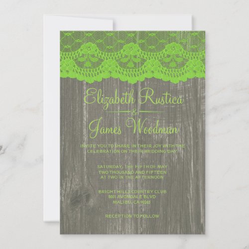 Lime Green Rustic Lace &amp; Wood Wedding Invitations