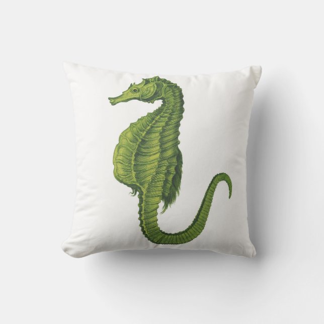 Lime Green Seahorse on White Throw Pillow (Front)