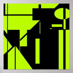 Lime Green Shapes on Black Abstract MCM Look Art Poster