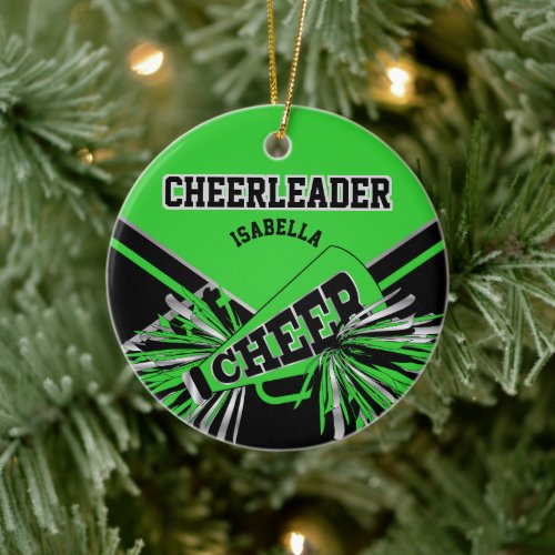 Lime Green Silver and Black Cheerleader  Ceramic Ornament