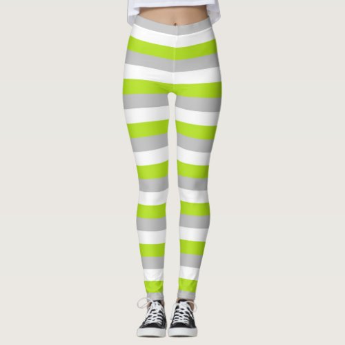 Lime Green Silver and White Stripes Leggings