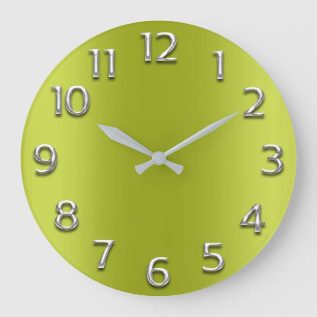 Lime Green Silver Gray Grey Arabic Numers Large Clock (Front)