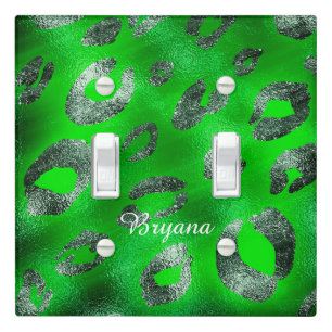 Lime Green & Silver Leopard Print Glam Chic Light Switch Cover