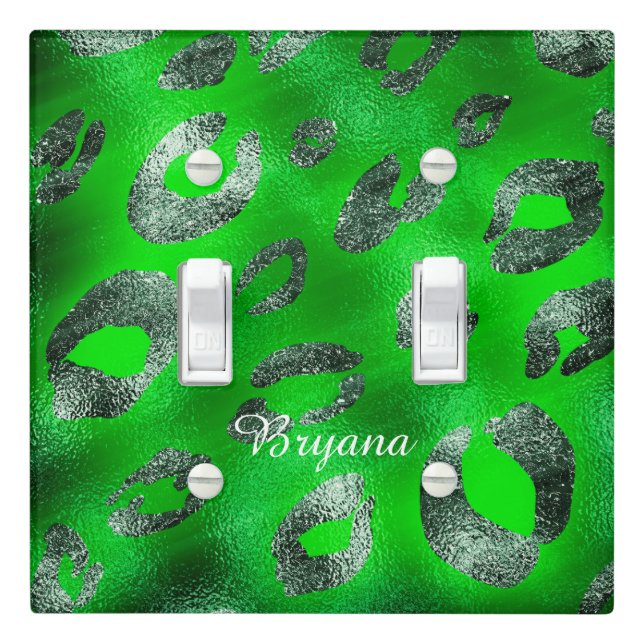 Lime Green & Silver Leopard Print Glam Chic Light Switch Cover (In Situ)