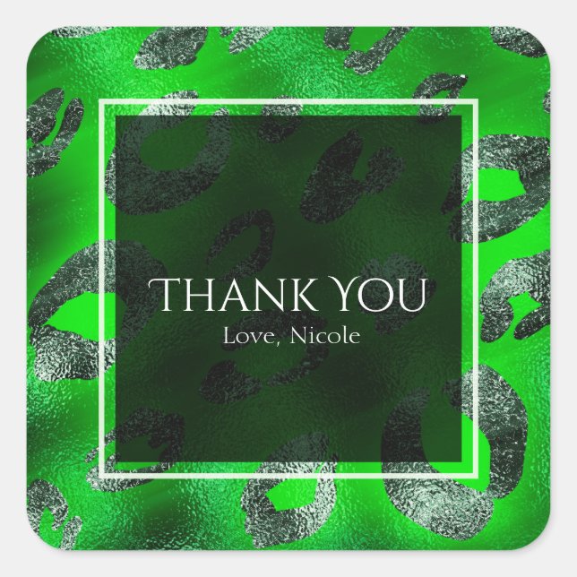 Lime Green & Silver Leopard Print Party Favor Square Sticker (Front)