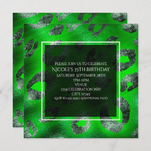 Lime Green & Silver Leopard Print Party Invitation