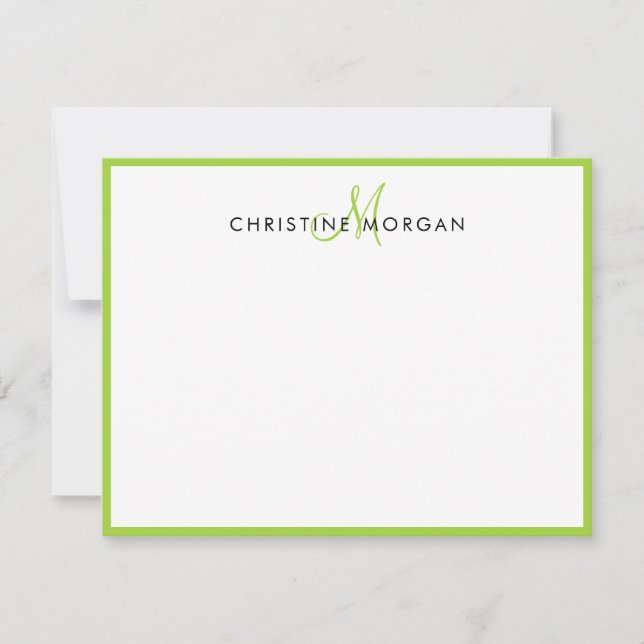 Lime green simple chic minimalist monogram name note card (Front)