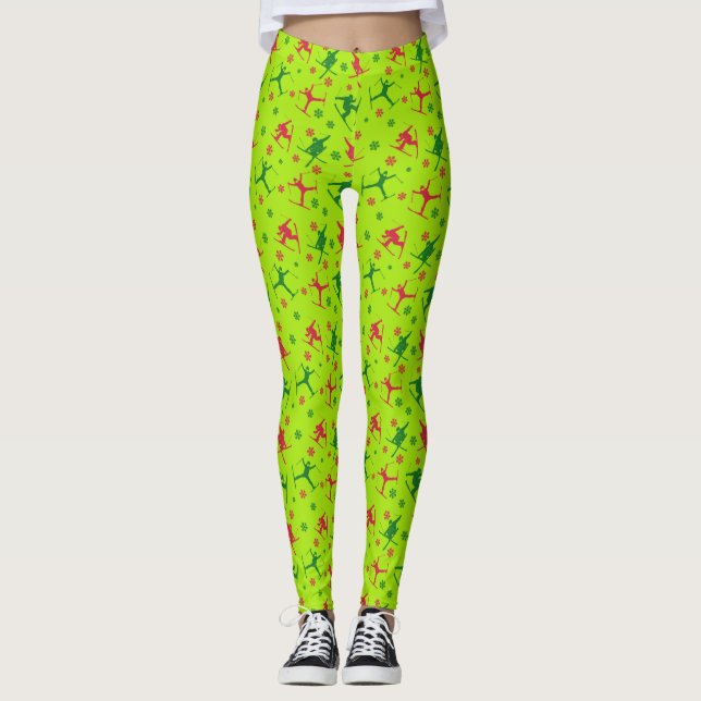 Lime Green Ski Tricks Pattern Christmas Leggings (Front)