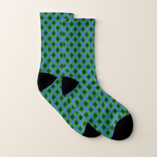 Lime Green Sky Blue and Black Argyle Socks