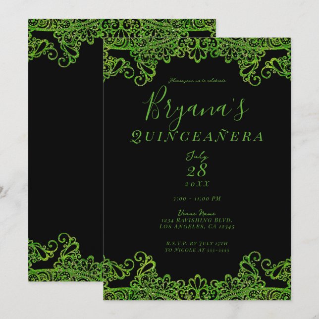 Lime Green Sparkle Glitter Black Quinceañera   Invitation (Front/Back)