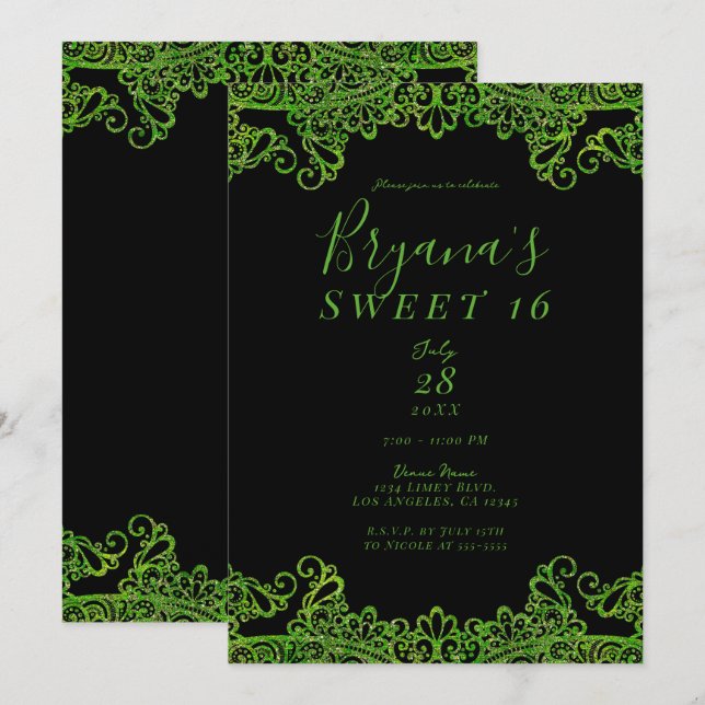 Lime Green Sparkle Glitter Black Sweet 16 Party  Invitation (Front/Back)