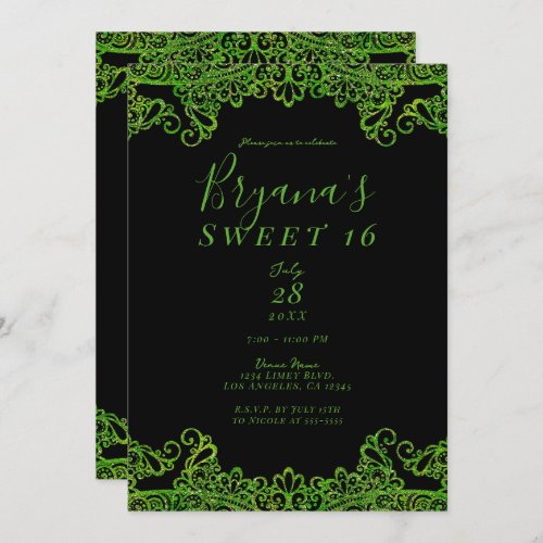 Lime Green Sparkle Glitter Black Sweet 16 Party  Invitation