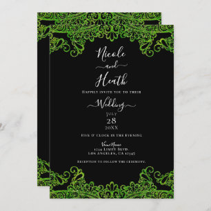 Lime Green Sparkle Glitter Lace Black Wedding Invitation