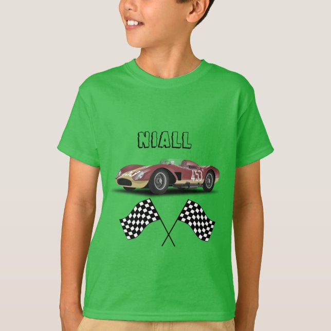 Lime Green Sporty Race Car Personalized  T-Shirt (Front)
