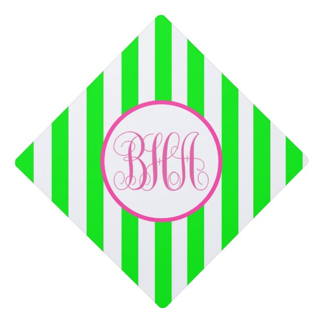Lime Green Stripe and Pink Monogram Graduation Cap Topper (Front)