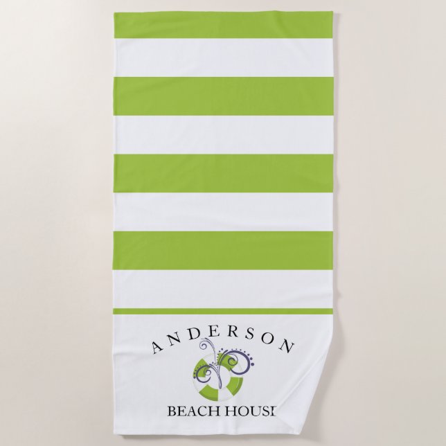 Lime Green Stripe Personalized Beach House Beach Towel (Front)