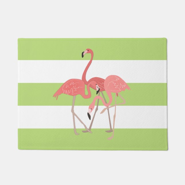Lime Green Stripes and Flamingos Doormat (Front)
