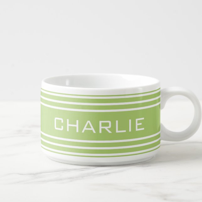 Lime Green Stripes custom monogram chili bowl (Left)