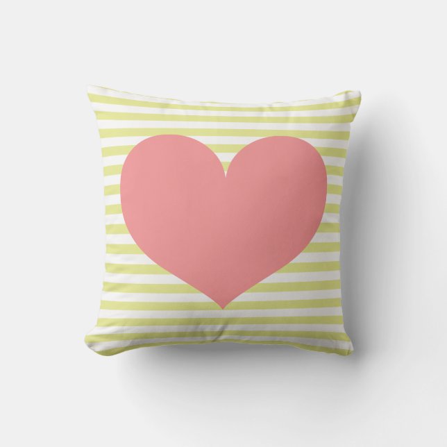 Lime Green Stripes & Heart Throw Pillow (Front)