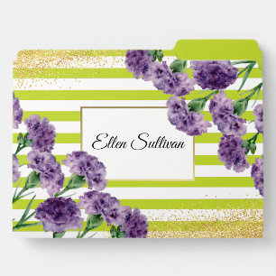 Lime Green Stripes Purple Carnations Gold Confetti File Folder