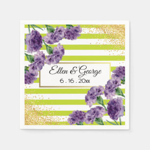 Lime Green Stripes Purple Carnations Gold Confetti Napkins