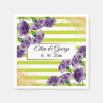 Lime Green Stripes Purple Carnations Gold Confetti Napkins by PandaCatGallery at Zazzle