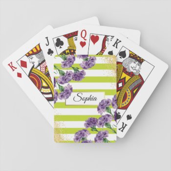 Lime Green Stripes Purple Carnations Gold Confetti Playing Cards by PandaCatGallery at Zazzle