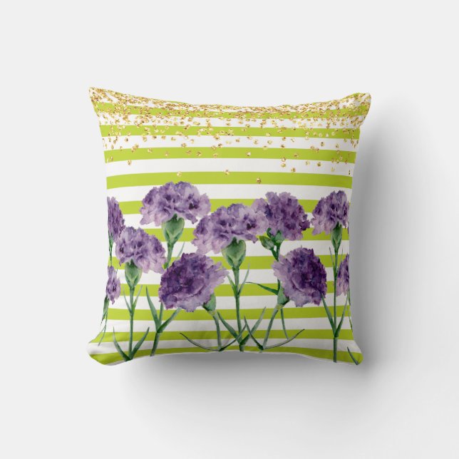 Lime Green Stripes Purple Carnations Gold Confetti Throw Pillow (Front)