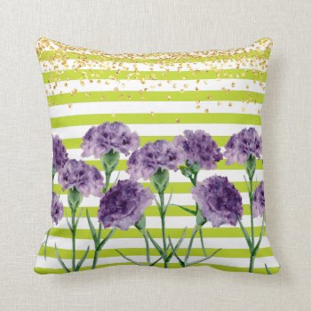 Lime Green Stripes Purple Carnations Gold Confetti Throw Pillow by PandaCatGallery at Zazzle