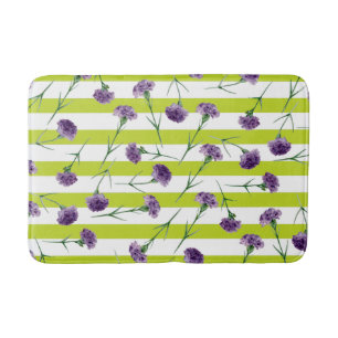 Lime Green Stripes Purple Carnations Pattern Bath Mat