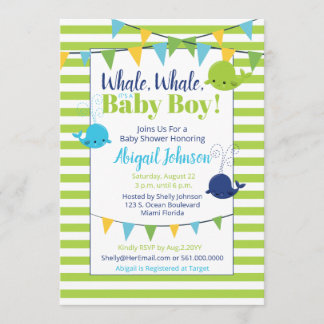 Lime Green Stripes Whale It's A Boy Baby Shower Invitation