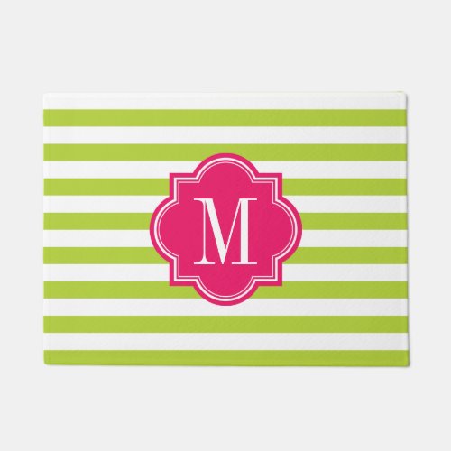 Lime Green Stripes with Hot Pink Monogram Doormat