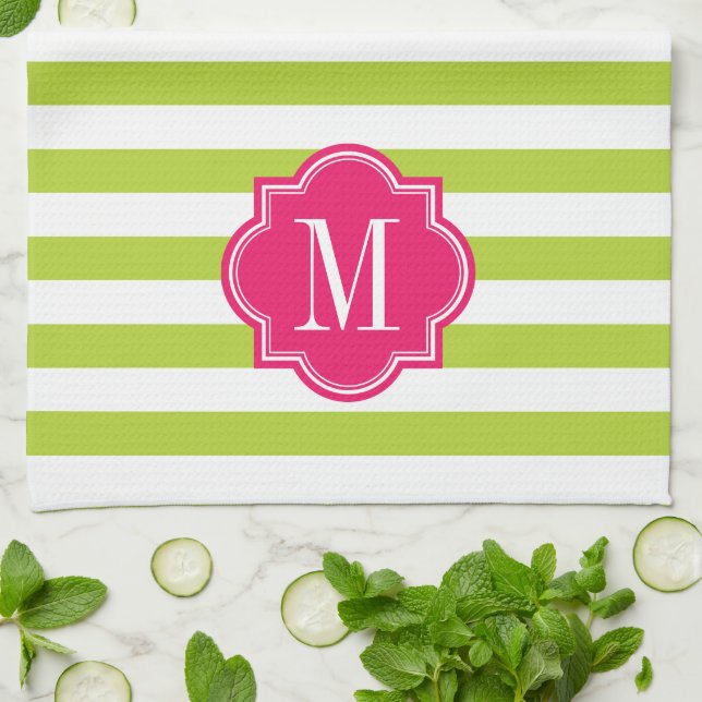 Lime Green Stripes with Hot Pink Monogram Kitchen Towel (Folded)
