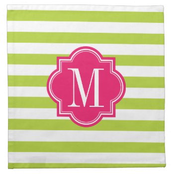 Lime Green Stripes With Hot Pink Monogram Napkin by PastelCrown at Zazzle